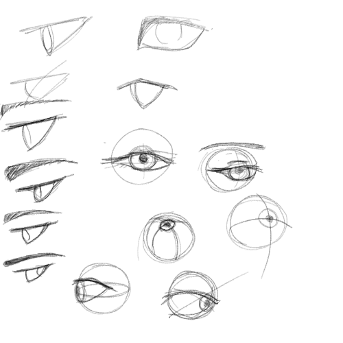 the image contains a collection of pencil sketches focusing on the depiction of eyes from various angles and styles.  the sketches range from simple, almost geometric representations of eye shapes and eyelids to more detailed attempts to render the iris, pupil, and surrounding structures. some sketches are enclosed in circles, suggesting a focus on constructing the eye within a defined space. the overall impression is that of an artist's practice sheet or study, experimenting with different approaches to drawing eyes. the style is loose and expressive, characteristic of preliminary sketches rather than finished artwork.