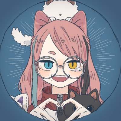 this is an illustration of an anime girl with pink hair and a cat. she is wearing round glasses with one blue lens and one yellow lens. she has a cat on her shoulder and is smiling at the viewer. the cat is wearing a black collar. she is holding her hands together in a heart shape. the background is a blue circle with white and blue rays coming out from the center.
