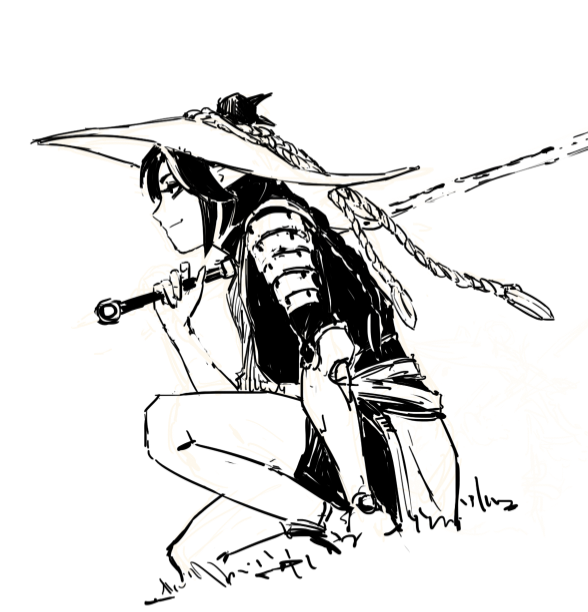 the image is a dynamic black and white sketch or drawing of an animestyle female warrior. she is crouched down, seemingly in a fighting stance, with a large, widebrimmed hat and long braided hair that flows behind her. she holds a weapon that looks like a long, thin sword or staff. the style is expressive and detailed, with bold lines and shading that creates a sense of movement and energy. the background is minimal, focusing attention on the character. the overall feel is one of action and intensity, suggesting a scene from a manga or anime.