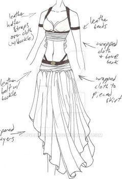 the image is a fashion design sketch depicting a woman's fantasyinspired costume.  the costume features a sleeveless bodice with leather halter straps and a wrapped cloth element over a buckle. the skirt is a multilayered, wrapped design. the sketch is annotated with descriptions of the materials and construction techniques, such as "leather straps," "wrapped cloth to pieced skirt," and "layered." the overall style suggests a mix of belly dance and bohemian influences. the linework is clean and detailed, providing a clear vision of the proposed garment.