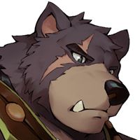 the image shows the head and shoulders of an anthropomorphic wolf. he has dark gray fur with a lighter gray muzzle and chest. he has a scar over his left eye and sharp teeth. he is wearing a brown leather vest. the image is a closeup portrait, focusing on the character's face and expression.