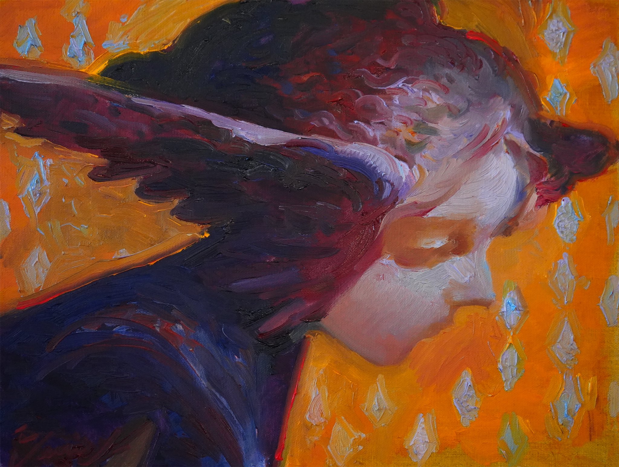 this is an oil painting of a portrait of a woman with a close up on her face. the background is orange and yellow with hints of blue and purple. the woman's hair is dark and her face is turned to the right. the painting is abstract and expressive. the texture of the paint can be seen in the brushstrokes.
