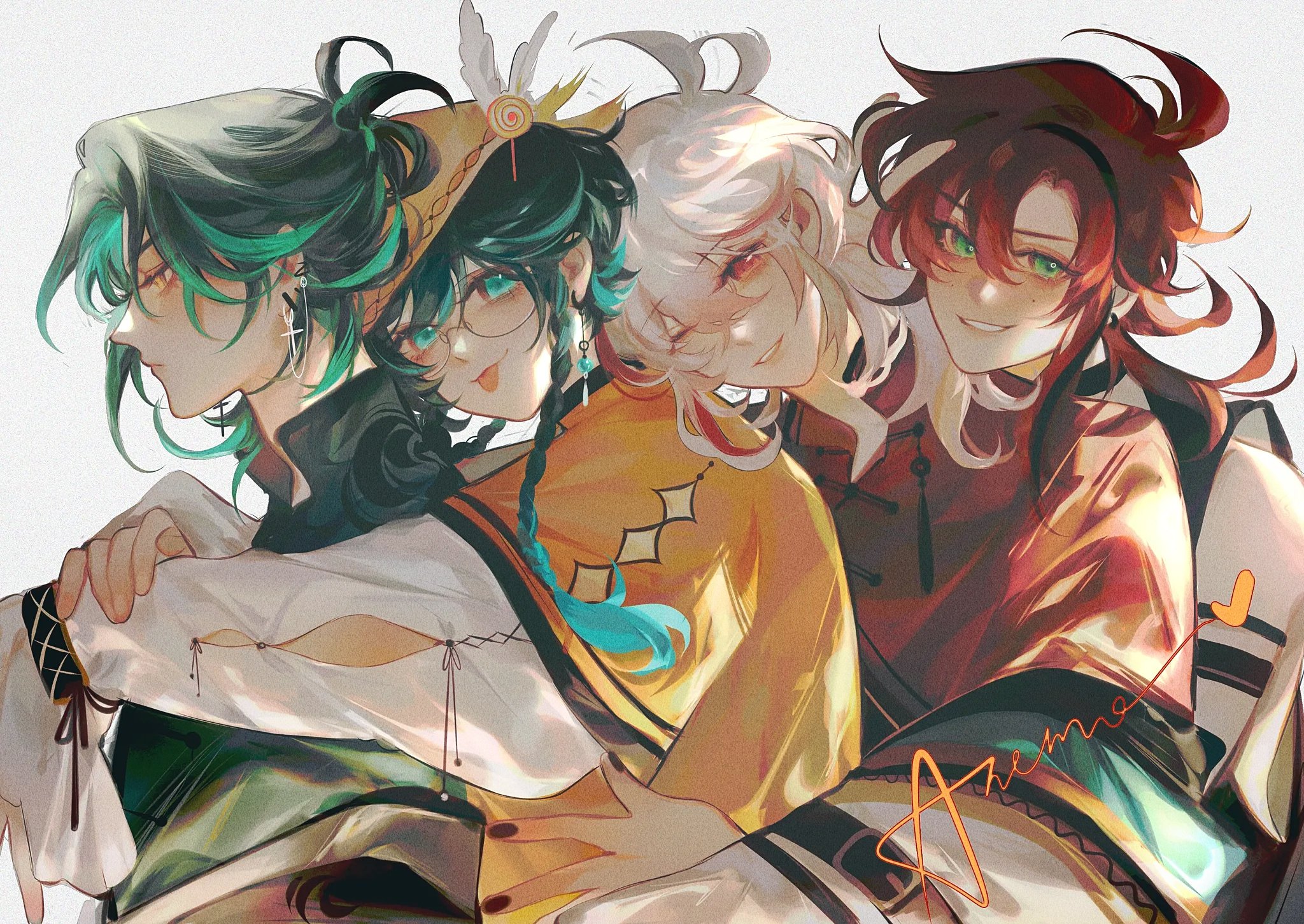the image is a vibrant digital painting or illustration featuring four animestyle characters in a close embrace.  the characters exhibit diverse hairstyles and clothing styles, with hair colors including vibrant green, white, and red.  one character wears glasses. their clothing appears to be inspired by asian aesthetics, featuring flowing fabrics and intricate details. the overall style is highly stylized with a focus on color and light, creating a warm and inviting atmosphere. the characters appear to share a close bond, possibly depicting friendship or a familial relationship. the artist's signature is subtly placed in the lower right corner.