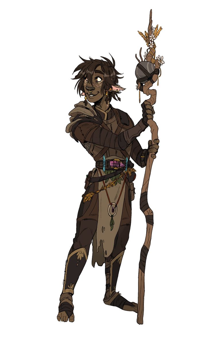 a fullbody illustration depicts a darkskinned fantasy character, likely an elf, standing with a staff. the elf has brown hair, pointed ears adorned with earrings, and a nose ring. they wear detailed leather armor and robes with various pouches and jewelry. the staff is wooden with an orb near the top and decorated with flowers and leaves. the elf is barefoot. the overall aesthetic suggests a druid or naturebased character.