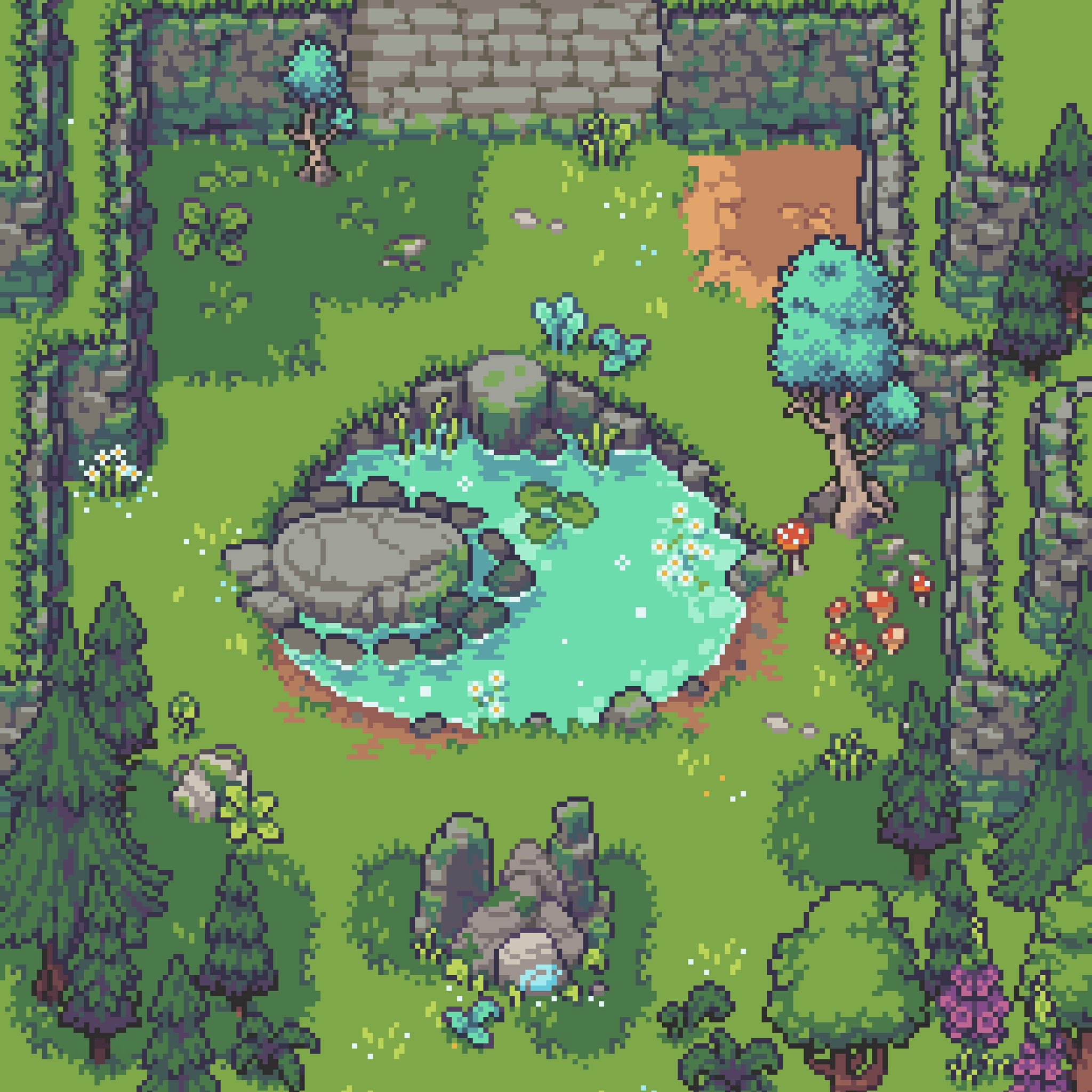 a pixel art image depicting a fantasy landscape with a pond as its focal point. the pond is surrounded by rocks and various plants, including trees, grass, and flowers. mushrooms are also present near the pond. a stone wall borders part of the landscape. the image is rendered in a topdown, pixelated style typical of retro video games.