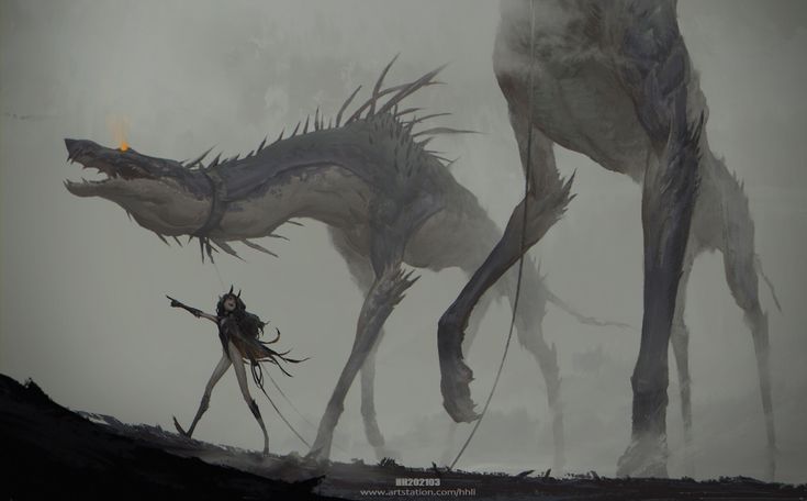 a digital art piece depicts a slender, paleskinned witchlike figure standing on a dark, rocky outcropping, pointing towards a massive, dragonlike creature with a long neck and spiky back. the creature has a slightly open mouth and a small flame visible near its eye. behind the first creature, there are other similar, giant creatures that are more faded in the misty background. the overall tone is dark and fantastical.
