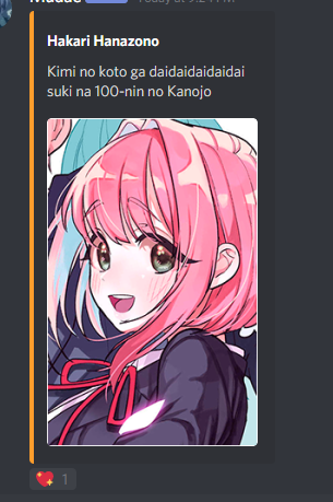 a digital illustration of hakari hanazono, a character from the anime series "kimi no koto ga daidaidaidaidai suki na 100nin no kanojo" (the 100 girlfriends who really, really, really, really, really love you), is presented. she has vibrant pink hair and wears a black and red school uniform. the image includes japanese text, which translates to: "hakari hanazono. i really, really, really, really, really like you, from  the 100 girlfriends". ```
