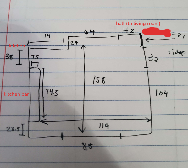 the image is a handdrawn floor plan with dimensions labeled, representing a kitchen, hall (leading to a living room), and possibly other spaces. it includes measurements for various parts of the layout, indicating the size and arrangement of the rooms and features like a kitchen bar and a ridge.