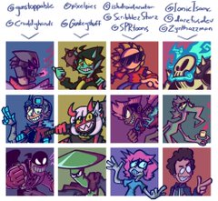 the image showcases a grid of 12 vibrant character illustrations, likely created for an art challenge. each character occupies a square panel with a unique color scheme and dynamic pose. the art style leans towards cartoon and features exaggerated features, bold lines, and flat coloring with minimal shading. the overall aesthetic is lively and expressive.
