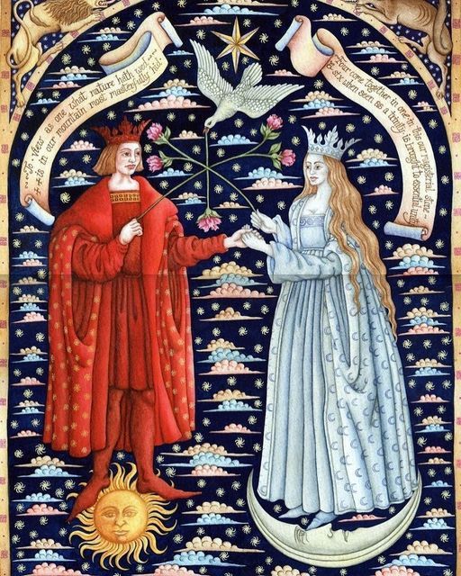 a medieval or renaissancestyle artwork depicts a king and queen during a marriage or symbolic union. the king is in red robes and stands on a sun with a face, while the queen is in light blue robes with moon symbols and stands on a crescent moon. a dove carrying flowers connects the two, with a large star above. scrolls with text surround the couple, all set against a background of dark blue with clouds and stars. the scene is framed by ornate borders with animal figures at the top.