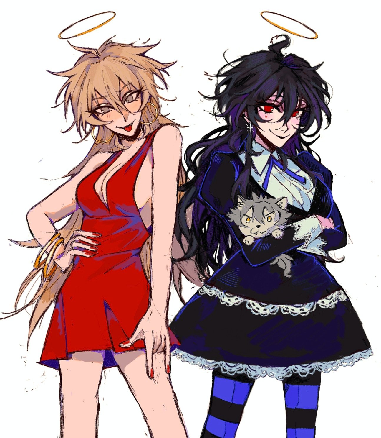 the image depicts two animestyle female characters standing sidebyside. one character sports a red dress and long blonde hair, adorned with a halo above her head. she has a confident, almost mischievous expression. the other character wears a gothic lolitastyle black dress, blue and black striped stockings, and has long black hair, also with a halo. she holds a small wolflike creature. both characters are depicted with dynamic poses and vibrant colors, conveying a sense of energy and style.  the overall style is reminiscent of modern anime and digital illustration.