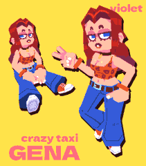 two poses of a female character from the video game crazy taxi named gena. the background is yellow and the text reads "violet," "crazy taxi," and "gena."