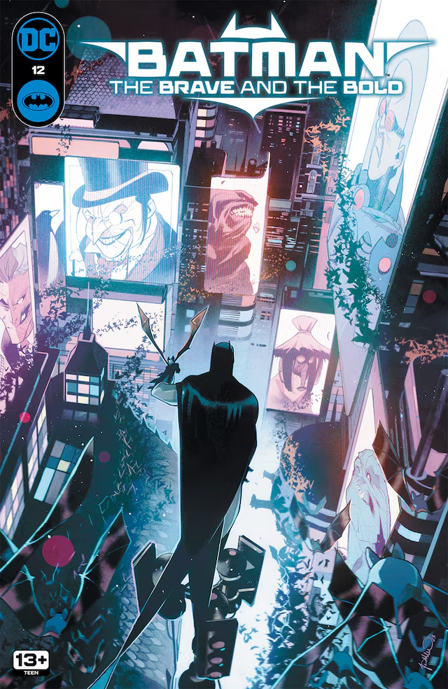 the image is a comic book cover featuring batman. he stands with his back to the viewer, silhouetted against a backdrop of a futuristic city at night. the city is rendered in cool tones of blue and purple, with neon lights adding to the vibrant atmosphere. on screens surrounding batman, the faces of his enemies—penguin, clayface, and killer croc—loom, hinting at the issue’s storyline. the overall composition is dynamic and eyecatching, capturing the essence of a classic batman comic.