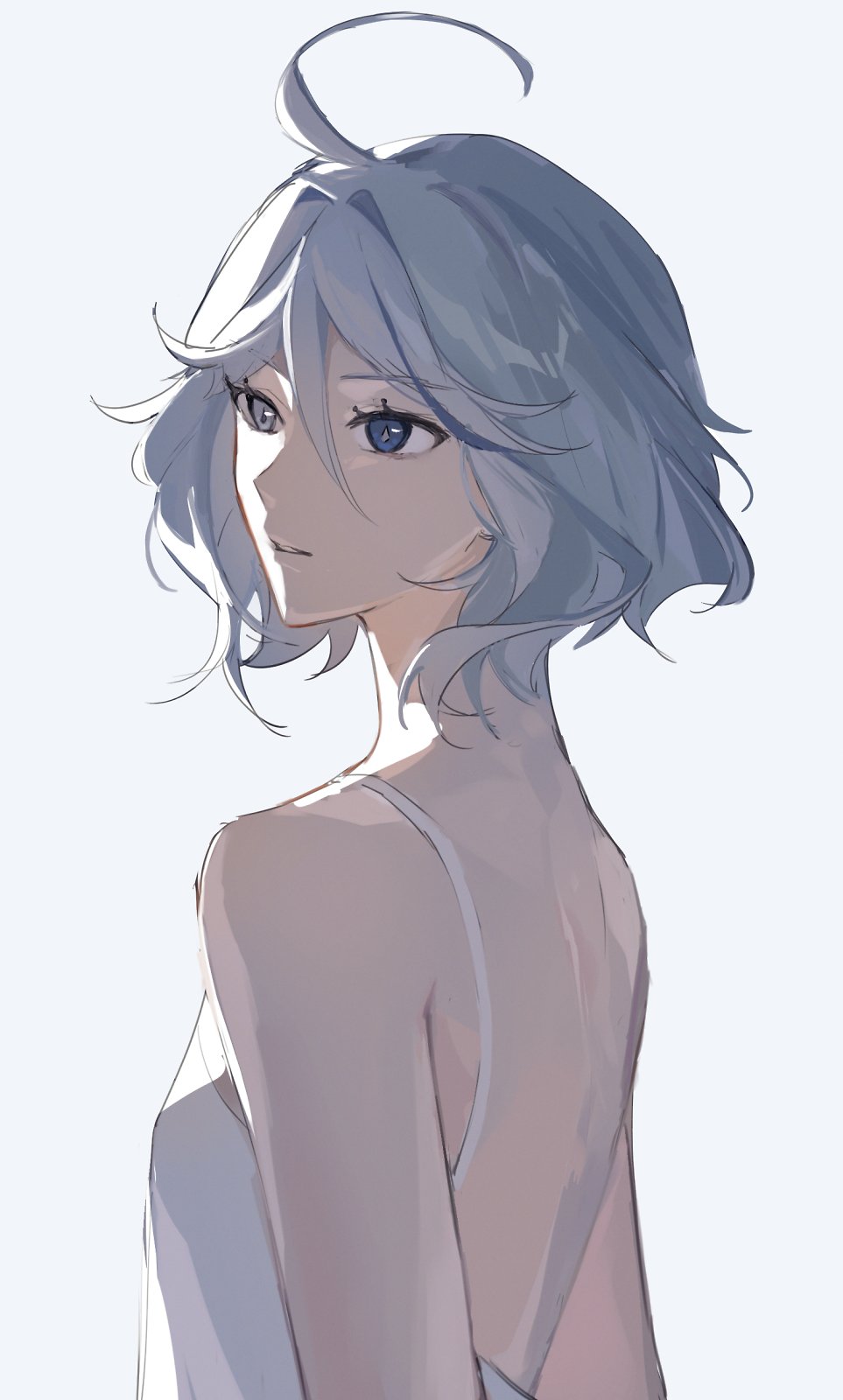 a drawing of an anime girl with short blue hair, wearing a white dress. she is looking away from the viewer, her blue eyes are gentle and her expression is soft. the background is light blue, giving the image an ethereal and dreamy feel.