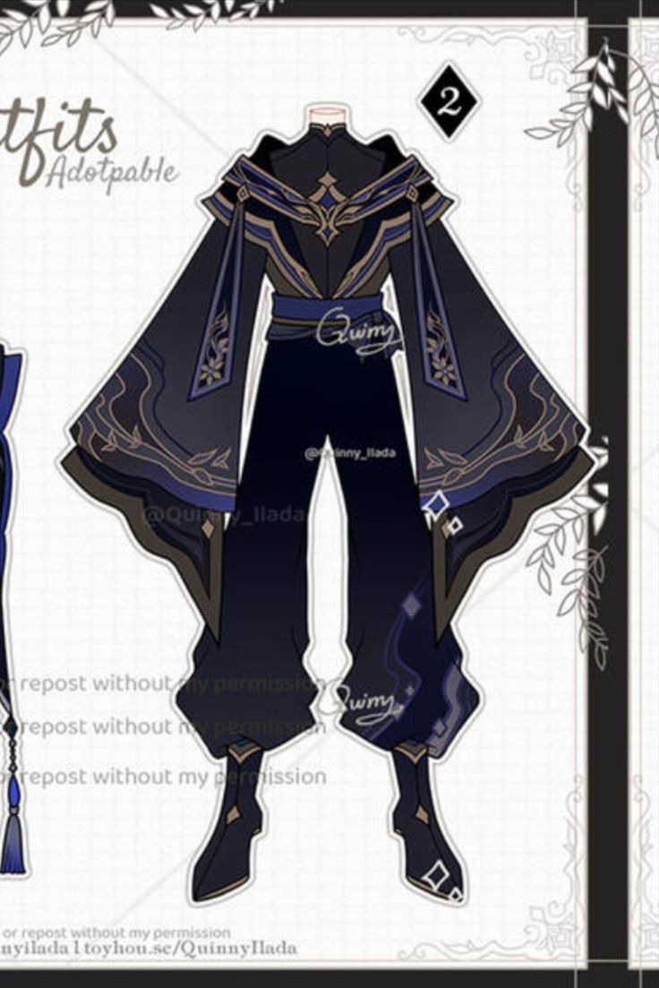 this is a digital art illustration of an adoptable character design, the character is dressed in a black and blue fantasystyle outfit. it looks very similar to a kimono with a black cape and long black sleeves. the character also has a black hat with a gold trim. it is very intricate and detailed, with a gold and silver pattern on the kimono. this design looks very elegant and sophisticated.