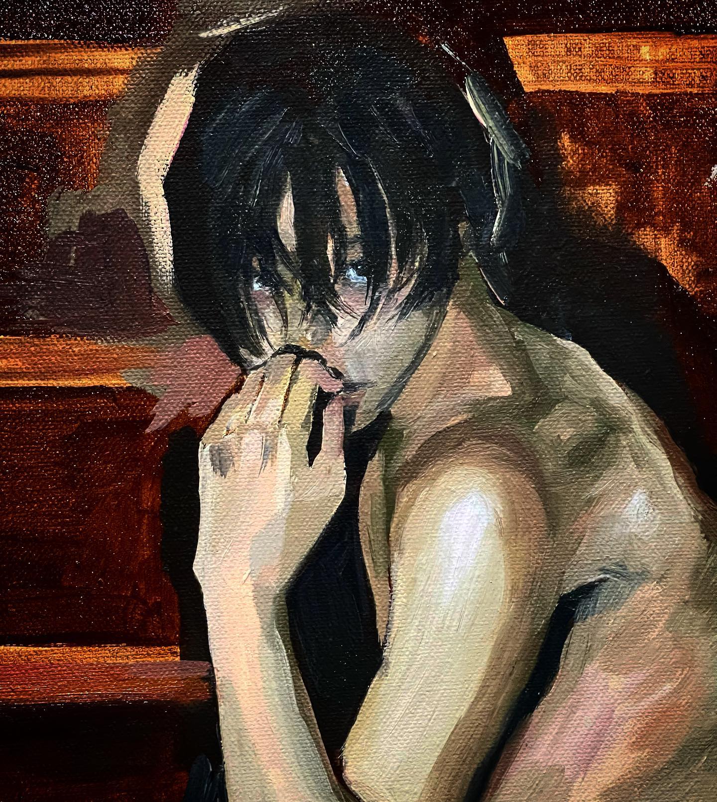 a painting of a young woman with black hair, looking down, posing in a dark setting. she is wearing a white shirt. her right hand is holding her chin and her left arm is resting on her side. the painting is done in a realistic style, with emphasis on detail. the woman's face is the focal point of the painting, and her expression is one of thoughtfulness. the painting is set against a dark brown background with a wood grain pattern, adding depth and texture. the lighting is soft and diffused, creating a sense of mystery and intrigue.  the painting is a beautiful and evocative piece of art.