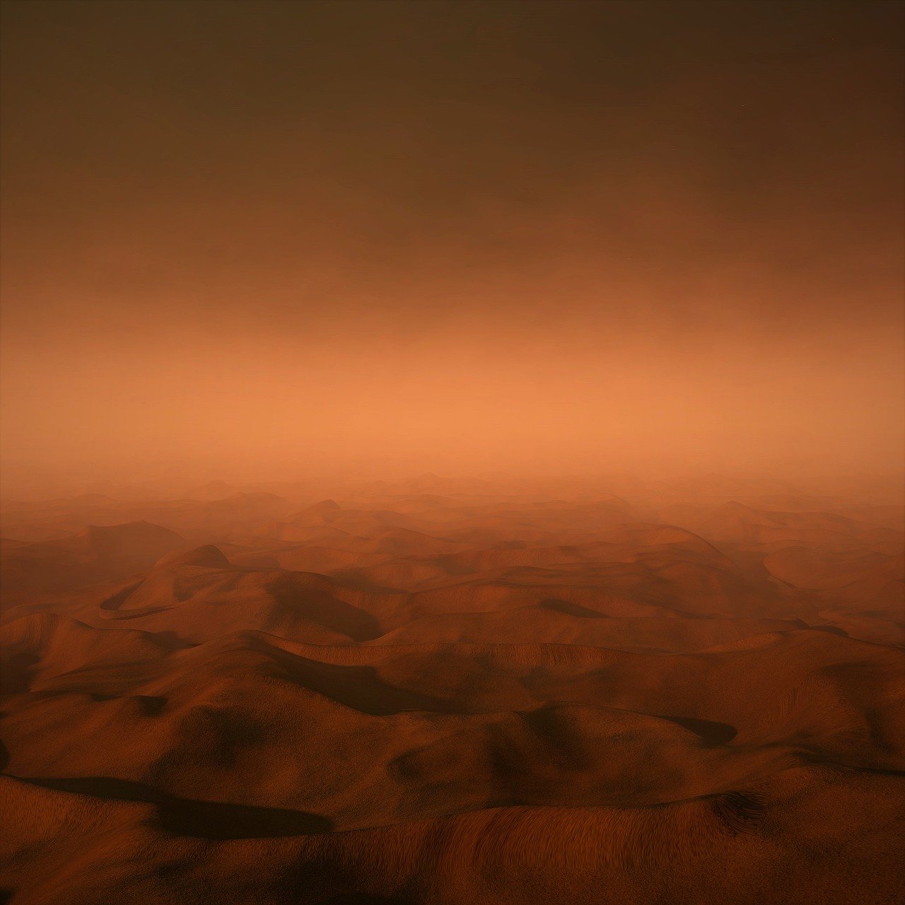 the image shows a vast, barren landscape resembling the surface of mars. rolling dunes and hills dominate the foreground, extending towards a hazy horizon. the color palette is primarily reddishbrown, indicative of the ironrich soil and dusty atmosphere associated with mars. the overall impression is one of desolation and alien terrain.