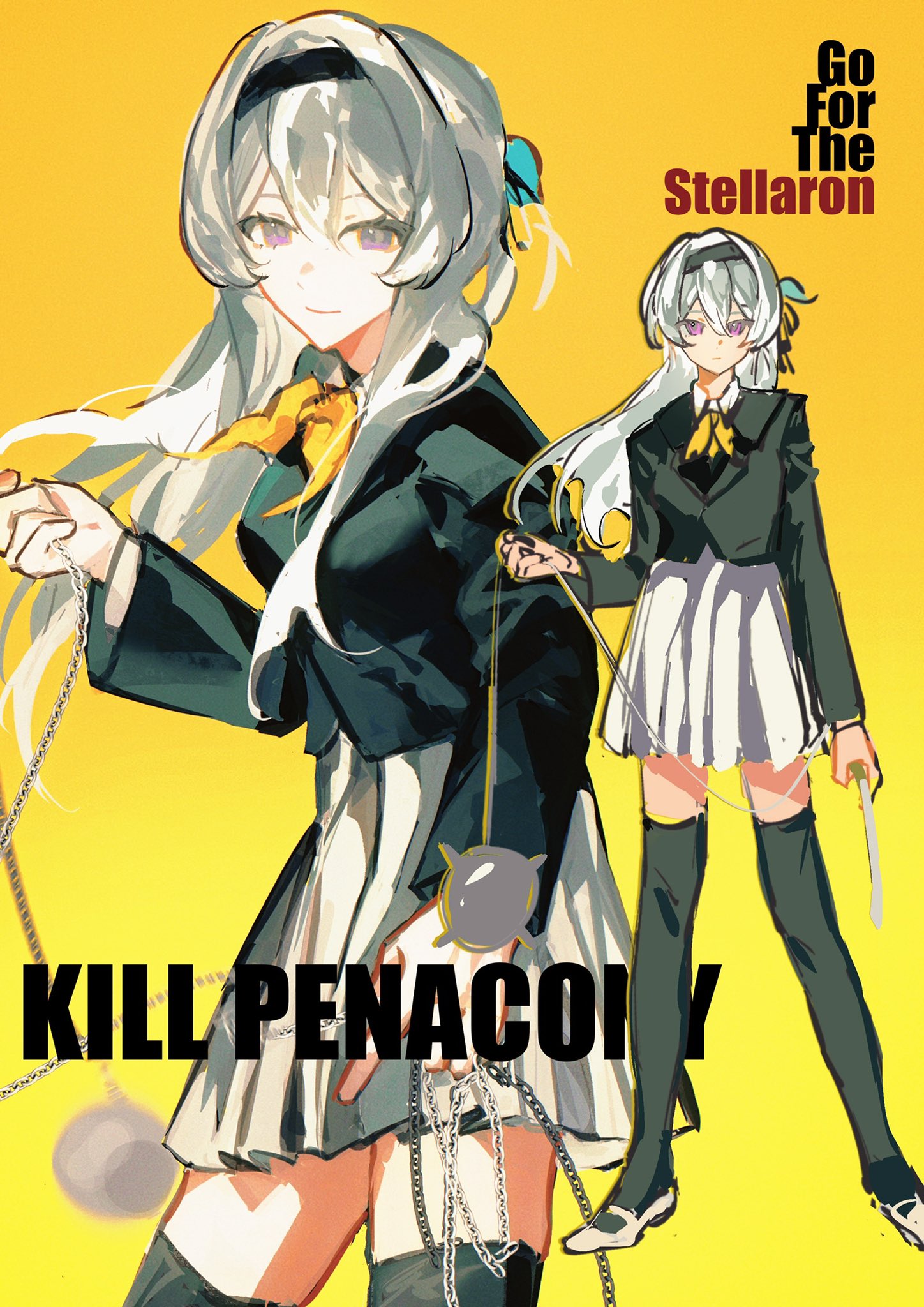 the image is an anime style illustration of two female characters. one is in the foreground, holding two chains with orbs at the ends. the other is in the background