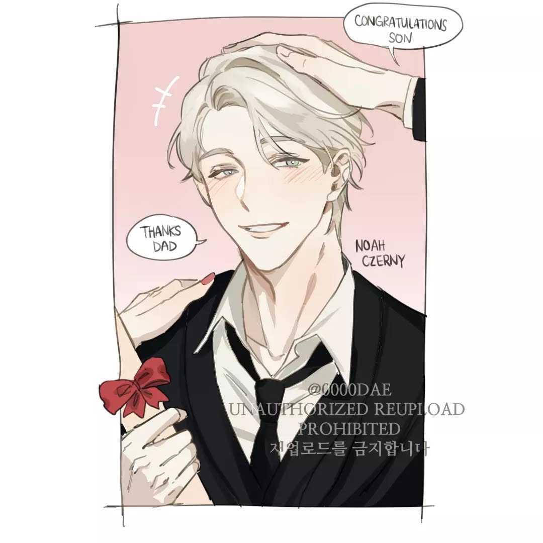 he image is a digital illustration of a young man with white hair in a suit.  he appears to be receiving congratulations from an unseen father, whose hand is shown patting his head. the art style is soft and clean, reminiscent of webtoon or manhwa art. there are speech bubbles expressing gratitude to his dad and the congratulations received. there's also a watermark indicating that unauthorized reuploads are prohibited. the overall tone is celebratory and heartwarming, suggesting a positive fatherson relationship.