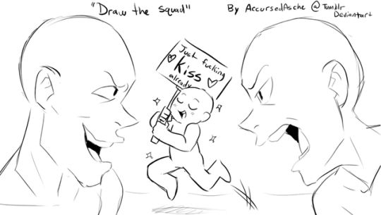 this is a digital sketch of three friends, labeled as "squad" by the artist.  the artist has provided basic guidelines for the drawing of the characters and labeled the image with "draw the squad"