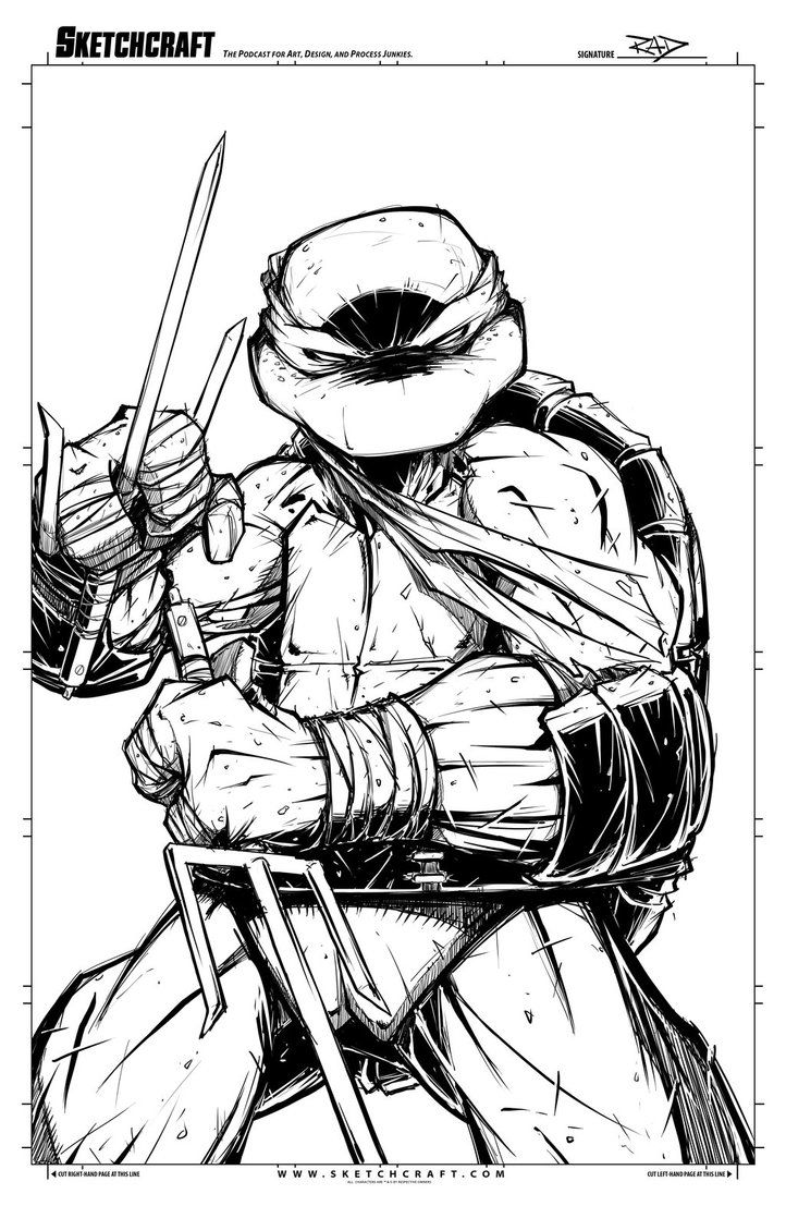 this is a black and white line art illustration of a ninja turtle character. the turtle is holding sai in his right hand and is midpose, in a warrior stance, with his left hand raised. this art has a dynamic and actionpacked feel. the character is rendered in a slightly messy, almost unfinished style, as though it is a rough sketch for a comic book.