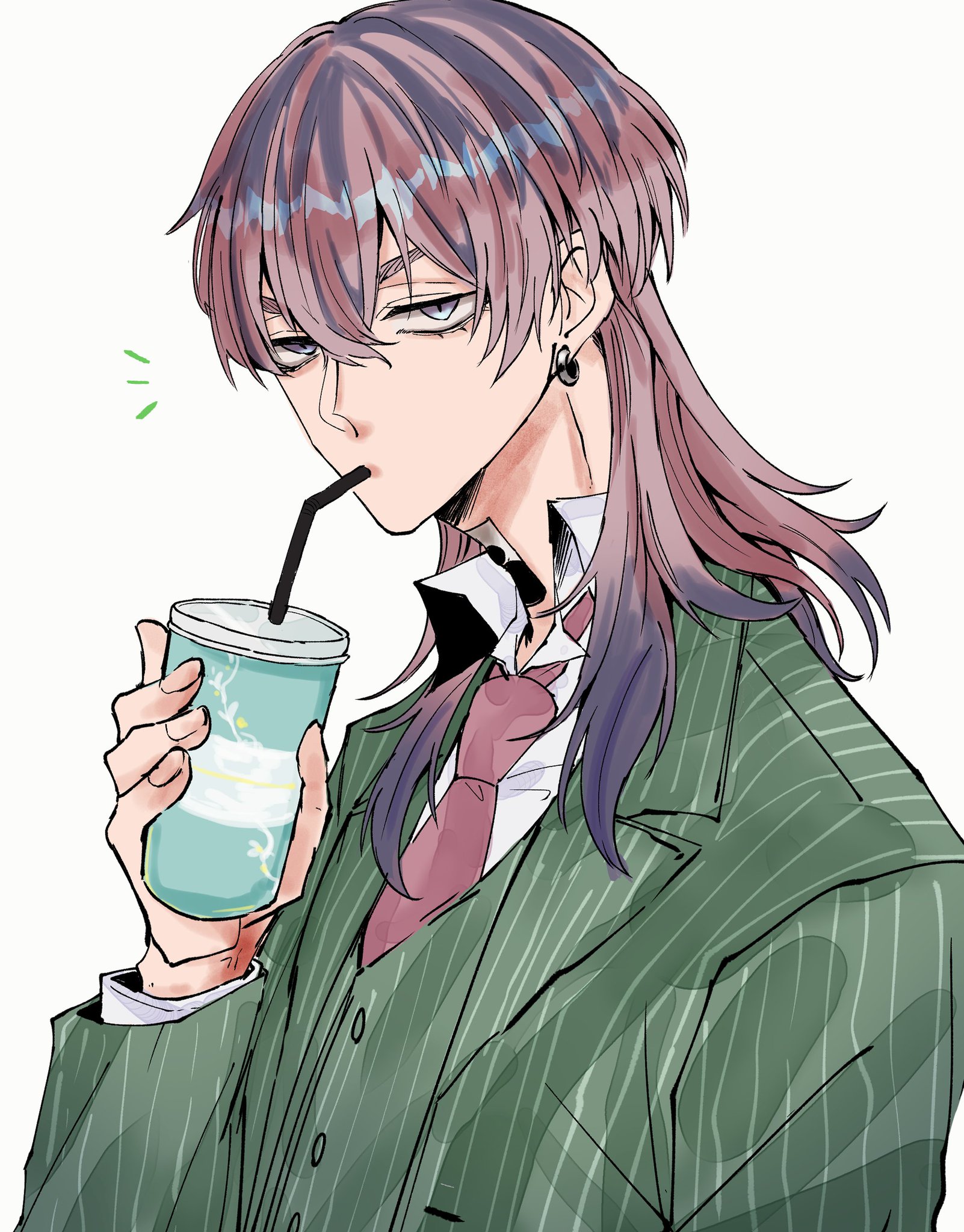a digital illustration of a stylish anime male character with long purple hair, wearing a green pinstripe suit and tie. he is holding a cup with a straw and taking a sip of a beverage. he has a cool and relaxed expression on his face.