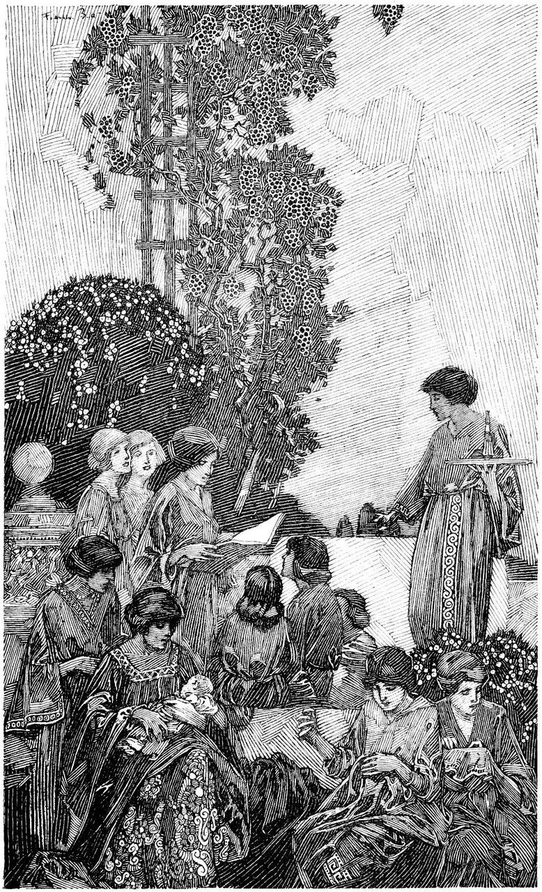 a detailed black and white illustration depicting a scene of women and girls gathered in a garden setting.  one woman is standing, seemingly narrating or reading from a book, while the others sit attentively around her. the style suggests a medieval or renaissance setting, with elaborate clothing and a backdrop that includes a stone wall, a trellis with grape vines, and lush plants. the image is highly detailed and has a vintage, antique feel. the artwork is done in a style reminiscent of woodcuts or engravings.