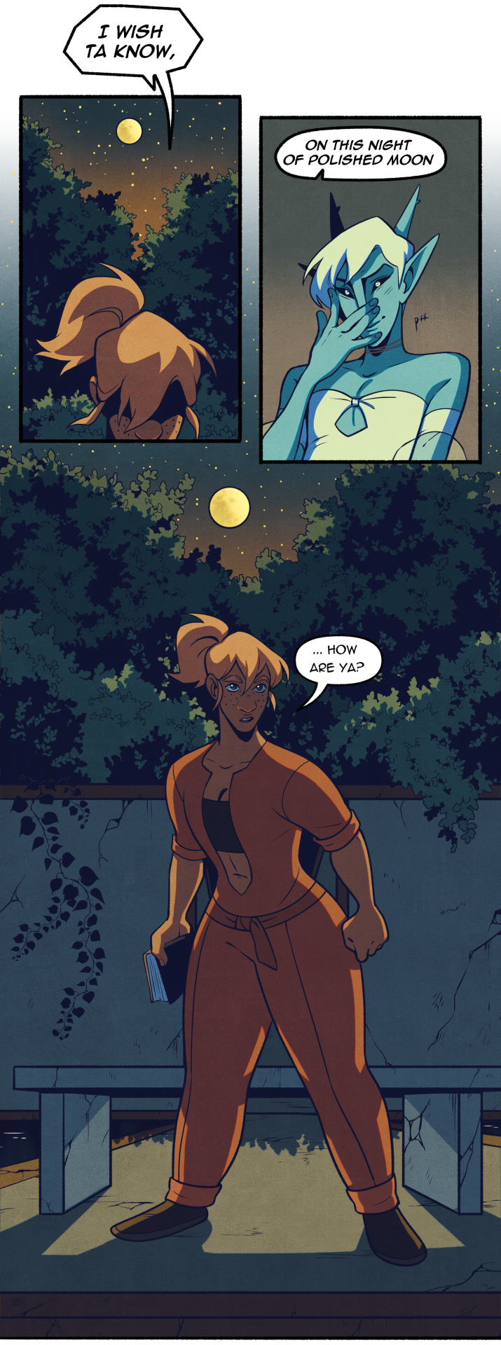 a threepanel comic page bathed in cool moonlight. the first panel shows a woman with her back turned, looking up at a full moon and saying, "i wish to know." the second panel reveals another woman with blue skin and pointed ears, grinning mischievously and saying, "on this night of a spectre moon?" in the final panel, the first woman is shown in profile, wearing an orange prison jumpsuit and a determined expression. she holds a book in her hand and stands in a prison yard, lit by the moon. the atmosphere is heavy with anticipation and a hint of magic.