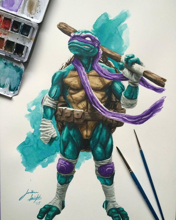 this is a watercolor painting of donatello, one of the teenage mutant ninja turtles. he is holding his bo staff and is wearing his signature purple mask and bandana. the painting is done on white paper and is surrounded by watercolor paints and brushes. the artist's signature can be seen in the lower left corner.