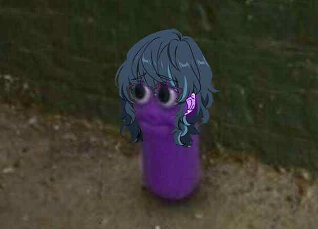 the image is a humorous digital manipulation. it features an animestyle girl's head superimposed onto a purple, eggplantshaped object. the girl's expression is wideeyed and slightly surprised or overwhelmed.  the background is blurry and appears to be an outdoor setting with darkcolored ground. the overall aesthetic is surreal and comical, creating a memelike effect.