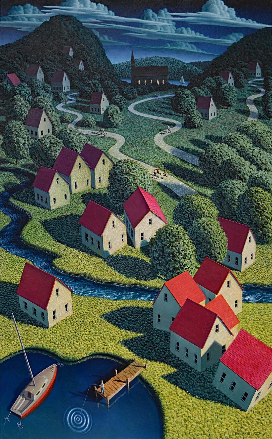 the painting depicts a quaint village nestled between rolling green hills. a river meanders through the heart of the village, with charming houses with red roofs lining its banks.  a church with a prominent spire stands on a hill in the background, overlooking the village. a network of winding paths connects the houses and leads towards the church. people are seen strolling or cycling along these paths, enjoying the tranquil evening. in the foreground, a sailboat rests peacefully on the calm blue water of a lake, while a lone figure stands on a wooden dock, seemingly enjoying the serene view.  the setting sun casts long shadows across the landscape, creating a warm and inviting atmosphere.