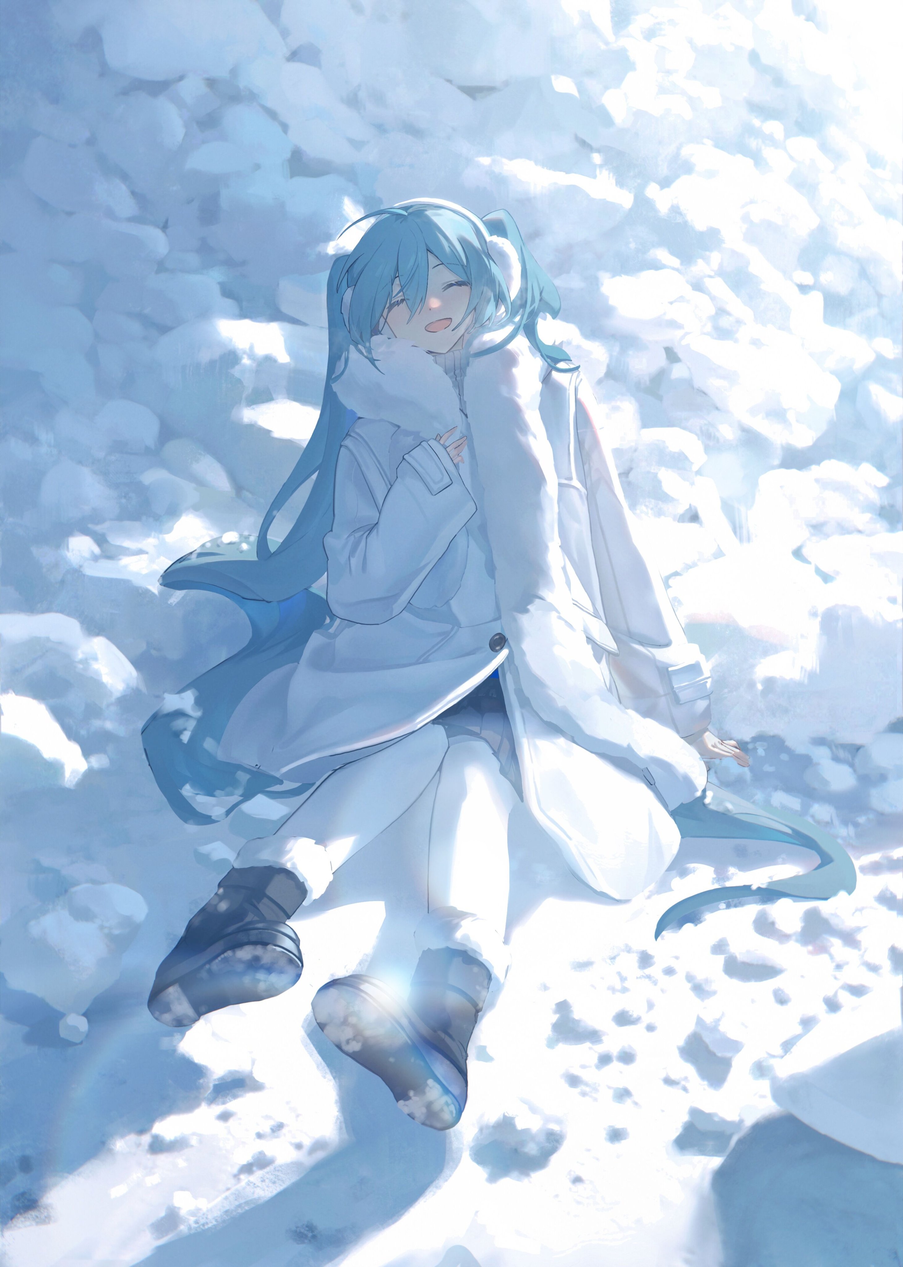 a digital illustration depicts an animestyle girl with long, flowing blue hair, sitting in a snowy landscape. she is bundled in a white winter coat with a furlined hood, which she is pulling around her for warmth. her expression is serene, with her eyes closed and a gentle smile on her face. the scene is bathed in soft, ethereal light, casting subtle shadows and highlighting the textures of the snow and clothing. the overall atmosphere is one of peace and tranquility in a winter setting.