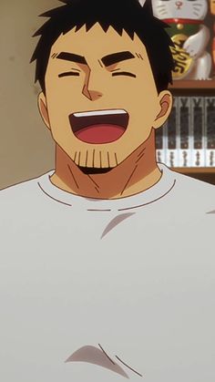 the image captures a closeup portrait of an adult male anime character. his infectious laughter is evident in his wide grin, showcasing a set of perfectly aligned, pearly white teeth. the character exudes a sense of joy and lightheartedness, making him appear approachable and friendly. his features are sharply defined, highlighting the intricate details of his face, particularly around his expressive eyes.content: portraitpeople: manenvironment: indoorslighting: soft lightingperspective: closeupkw: anime, male character, smiling, happy, portrait, closeup, joyful, friendly, expressive