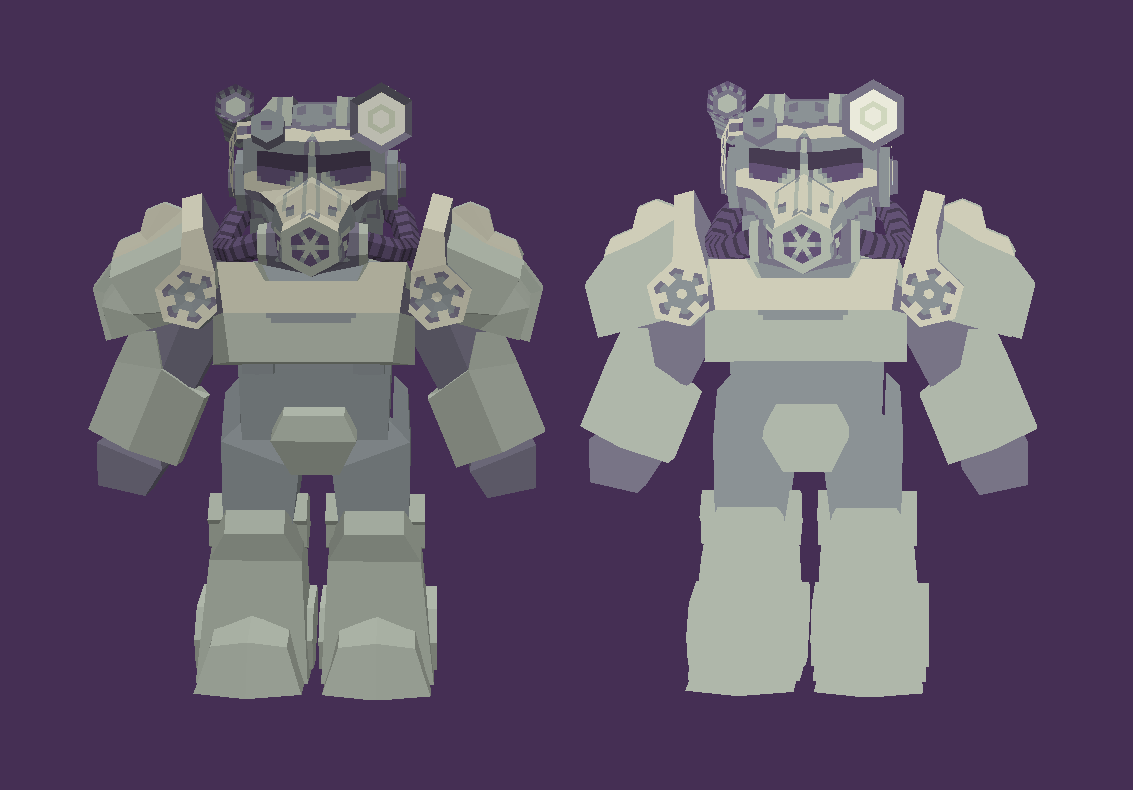 two low poly 3d models of characters wearing armor, likely inspired by the fallout video game series. they are posed identically and facing the viewer. the models have a limited color palette, primarily using shades of gray.