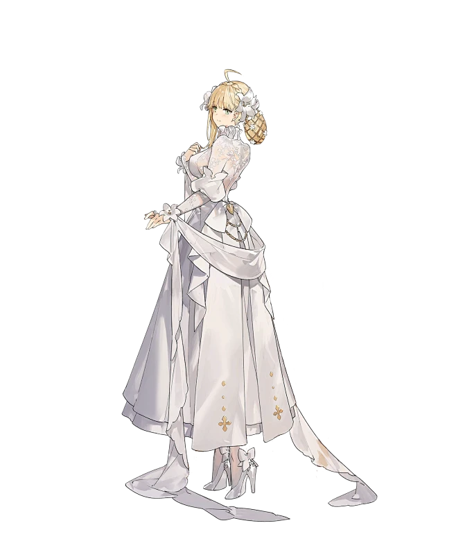 a blonde woman in an elaborate white dress, reminiscent of a wedding gown, stands against a black background.  she has her hand on the neckline of her dress. the lighting is soft and highlights the details of the dress and her hair.
