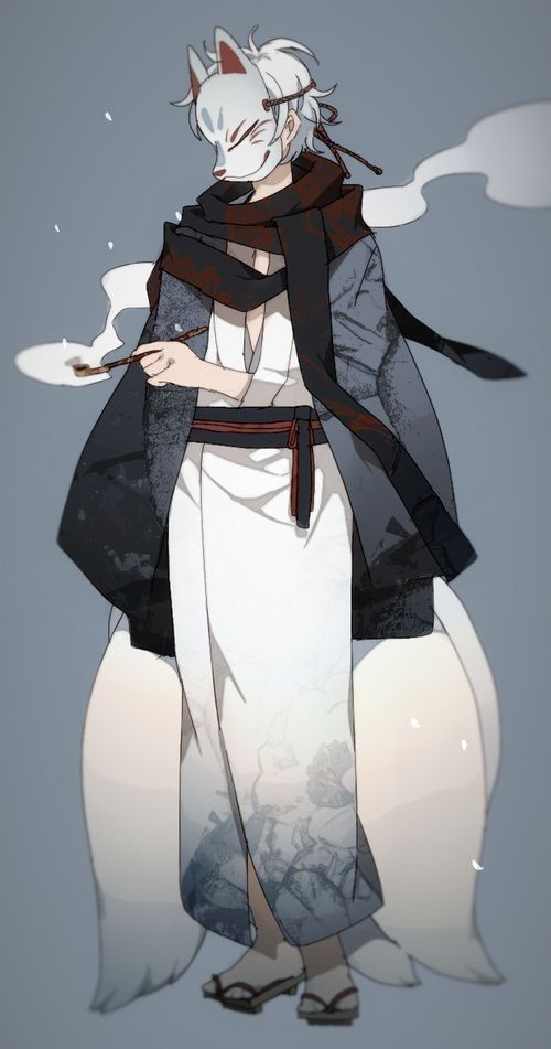 the image depicts a young man with white hair, styled in a messy way, partially concealed by a traditional white kitsune mask. he wears a dark blue yukata with a black scarf and red obi. his nine white fox tails, a hallmark of the kitsune, flow behind him. he holds a smoking pipe, adding to his air of mystery and otherworldliness. the overall aesthetic leans towards a blend of traditional japanese attire and modern anime styling.