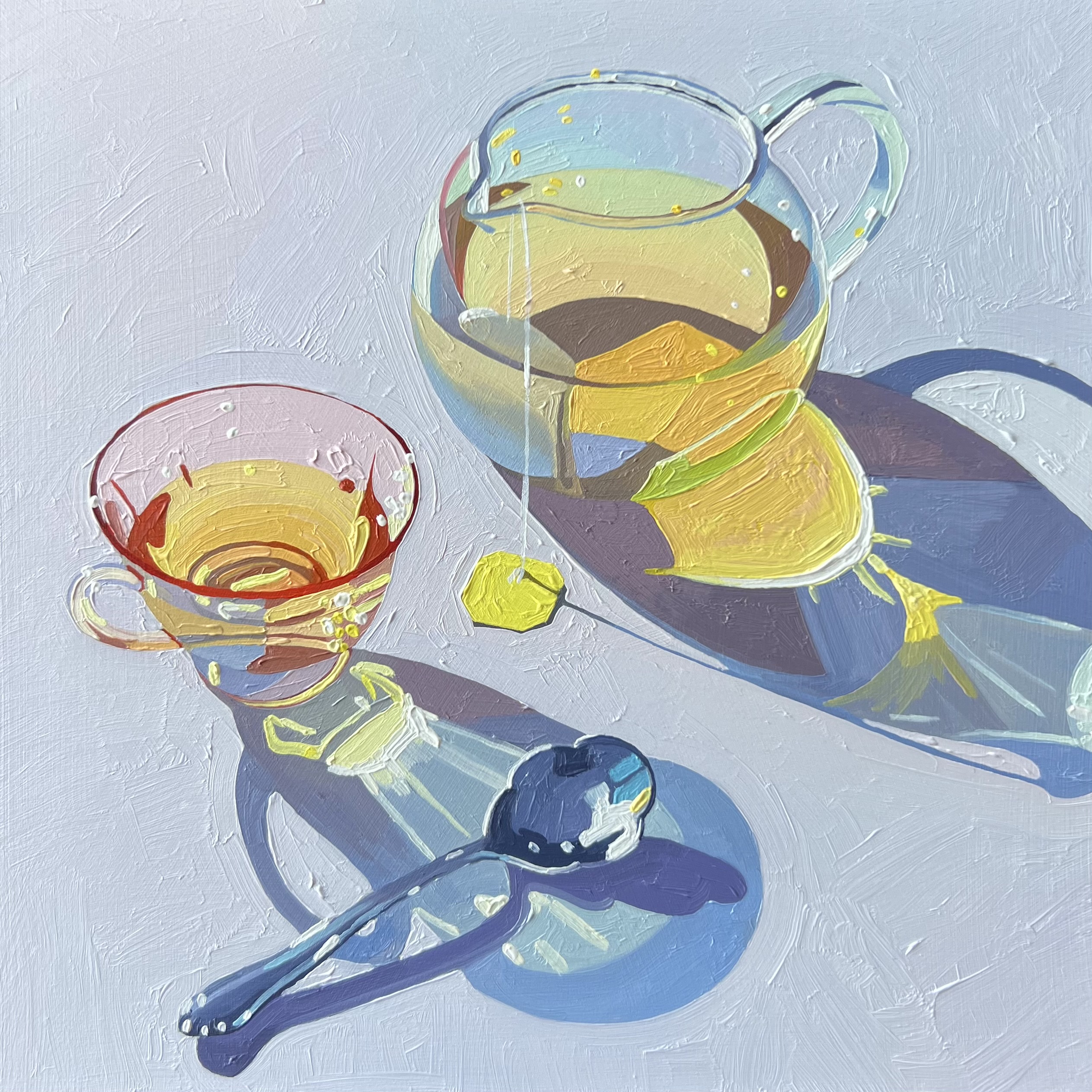 a still life painting depicting a clear glass teapot with a yellow tea bag, a pink and red teacup, and a silver spoon casting long shadows on a white surface. the scene is illuminated by natural sunlight, creating a warm and inviting atmosphere.