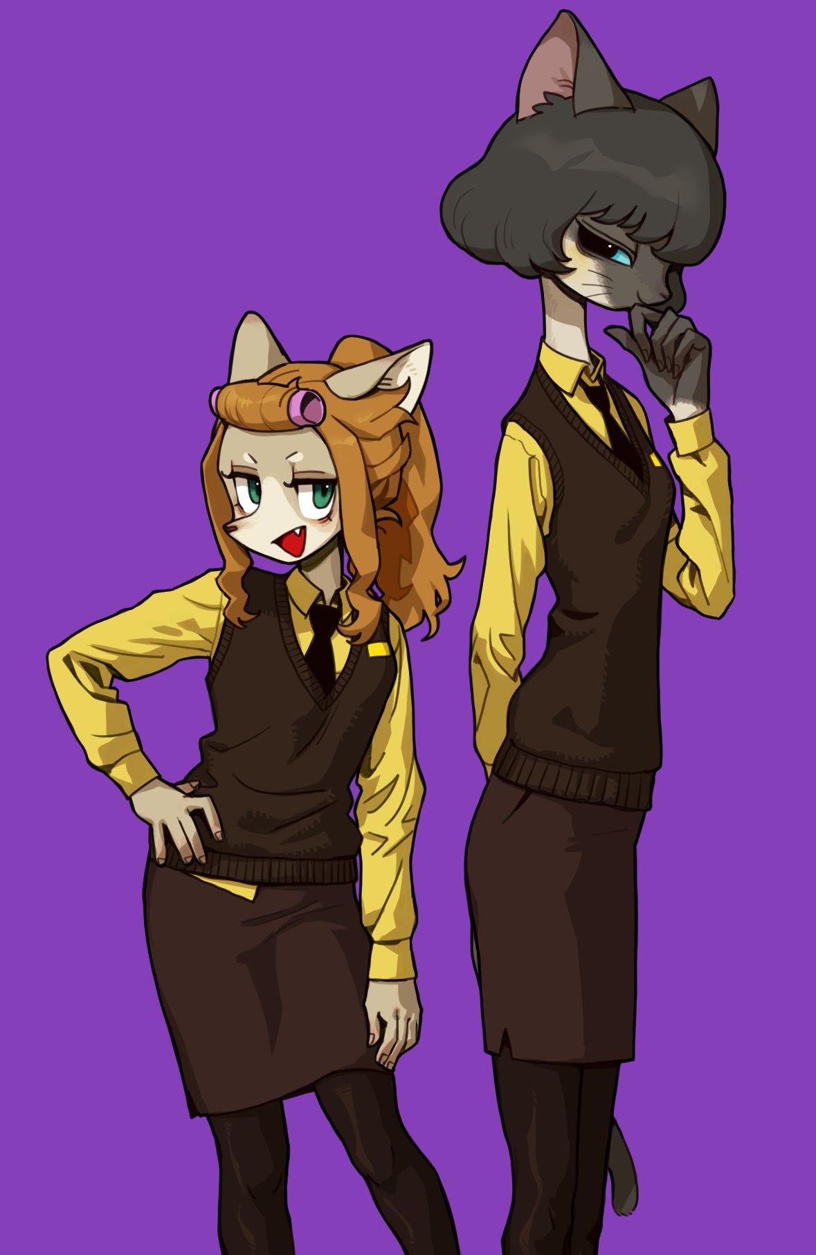 two anthropomorphic cats dressed in school uniforms are standing sidebyside on a purple background.  the cat on the left is smiling and has brown hair and a brown skirt.  the cat on the right is looking serious and has black hair and a black skirt.  both cats are wearing yellow shirts and brown vests.  the cat on the left has a bow tie and the cat on the right has a regular tie.