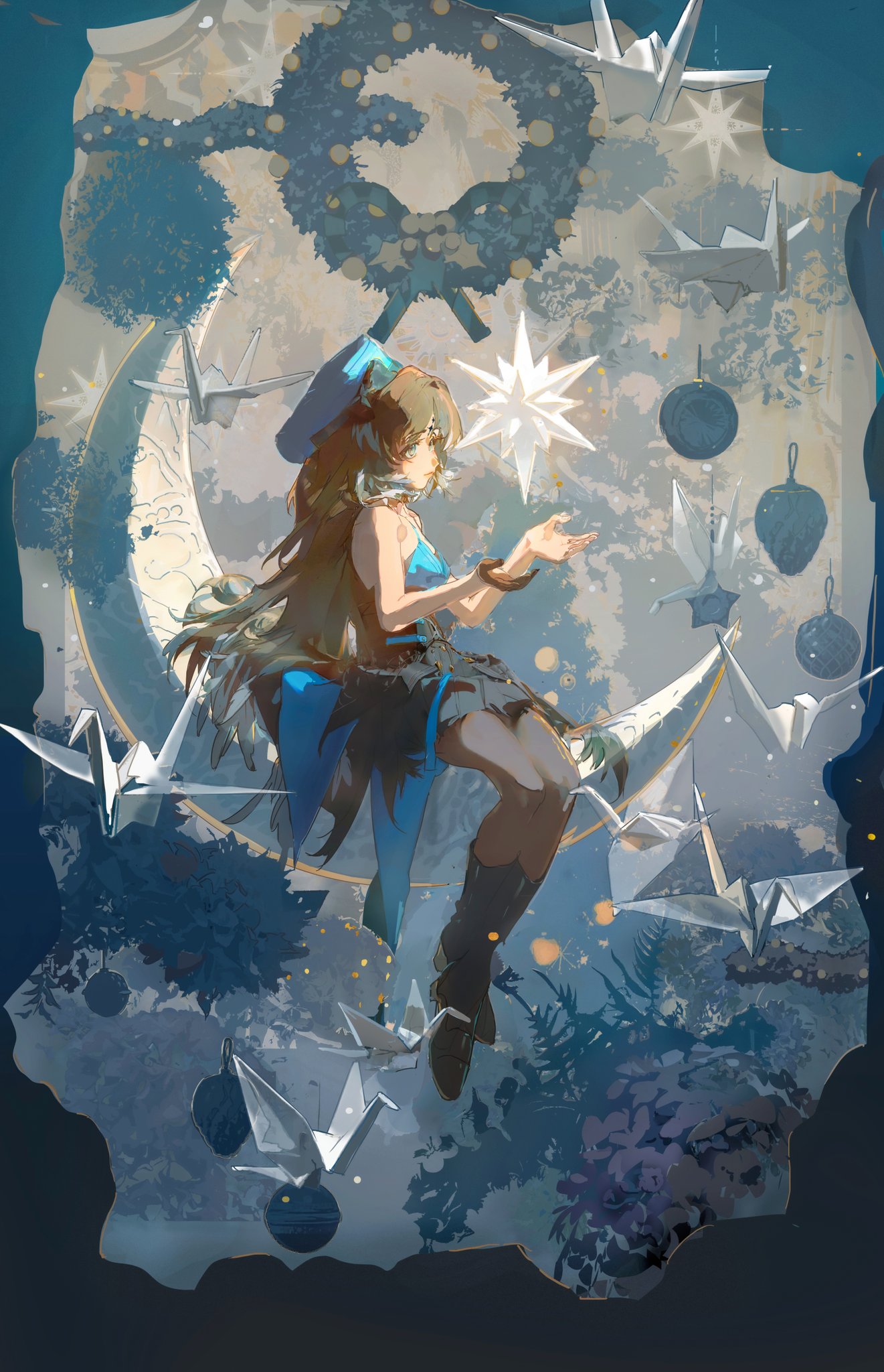 the illustration features a young woman with long brown hair and blue eyes, dressed in a blue and black outfit, perched on a crescent moon against a dark night sky. she holds a shining star in her hand, gazing at it with a serene expression. numerous white origami cranes float around her, some adorning the moon, others gracefully drifting across the sky. a festive wreath hangs behind her, adding to the christmas ambiance. the overall scene is bathed in a soft, magical light, creating a whimsical and ethereal atmosphere. elements of a forest peek from the bottom of the image, grounding the fantastical elements with a touch of nature.