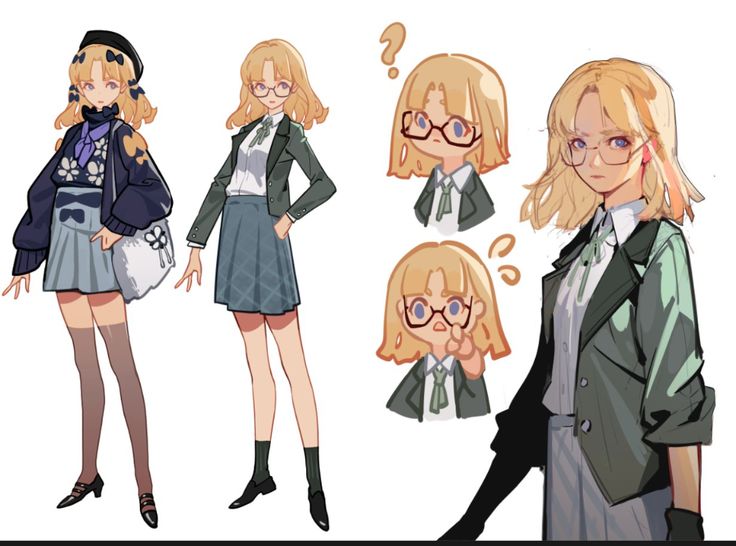 an illustration of a young blonde girl with a questioning expression wearing a blazer and glasses. she is depicted in 4 different poses with her own unique expression and outfit.