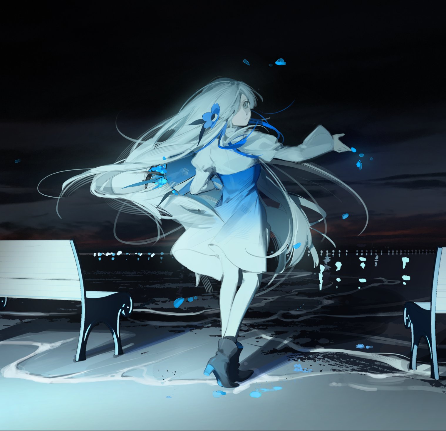 the image shows a young, fairskinned girl with long white hair wearing a blue and white dress dancing on a beach at night. she has a single blue flower in her hair and is scattering blue petals as she moves. the sea is visible in the background with a sunset casting a warm glow on the horizon. two white benches flank the girl, and the scene is predominantly dark with a slightly ethereal atmosphere.