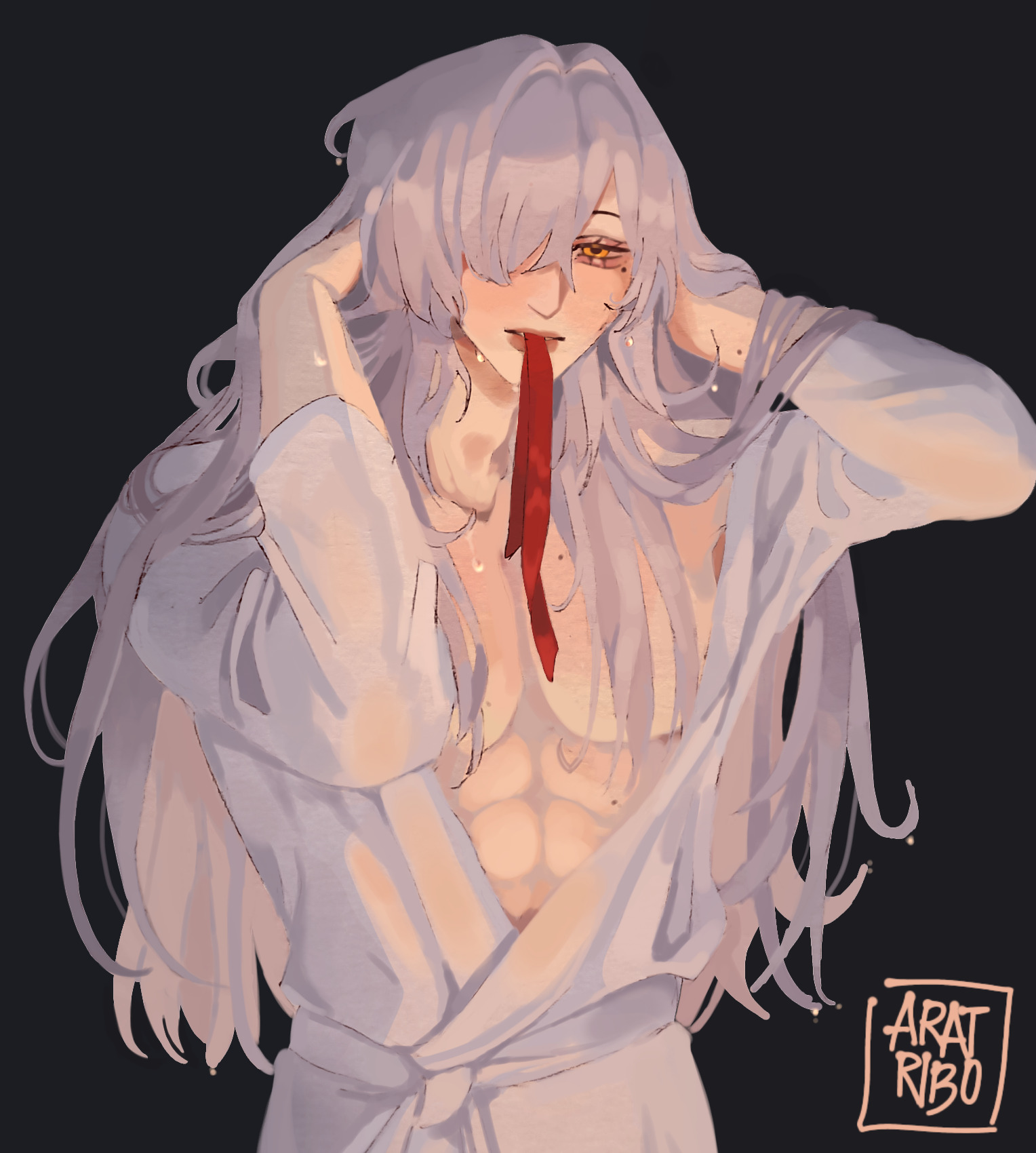 a drawing of an anime character wearing a white robe.