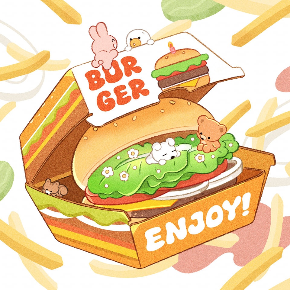 an illustration of a giant cartoon burger in a takeout box. the burger is overflowing with lettuce and has small cartoon animals such as a polar bear, brown bear, bunny, and squirrel resting on it.  the box is bright orange and yellow, and the words "burger" and "enjoy!" are written on it. french fries are scattered around the burger. the style is cute and whimsical, with soft colors and rounded shapes.