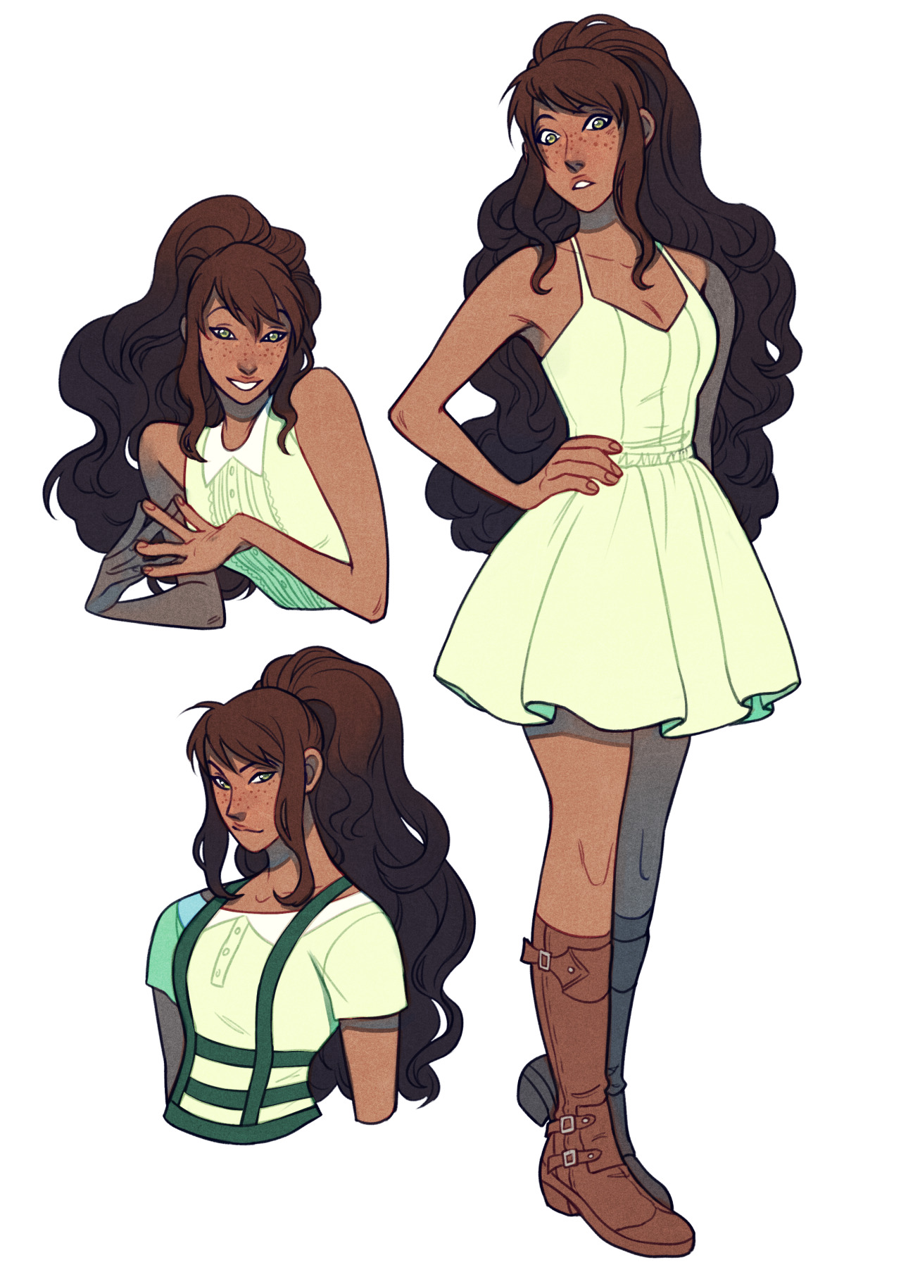 a digital illustration showcasing three poses of a young woman with long brown hair tied in a ponytail. she has brown skin and freckles. she is modeling various outfit combinations including a light green dress, brown boots, and different shirts. the style is line art with flat coloring.