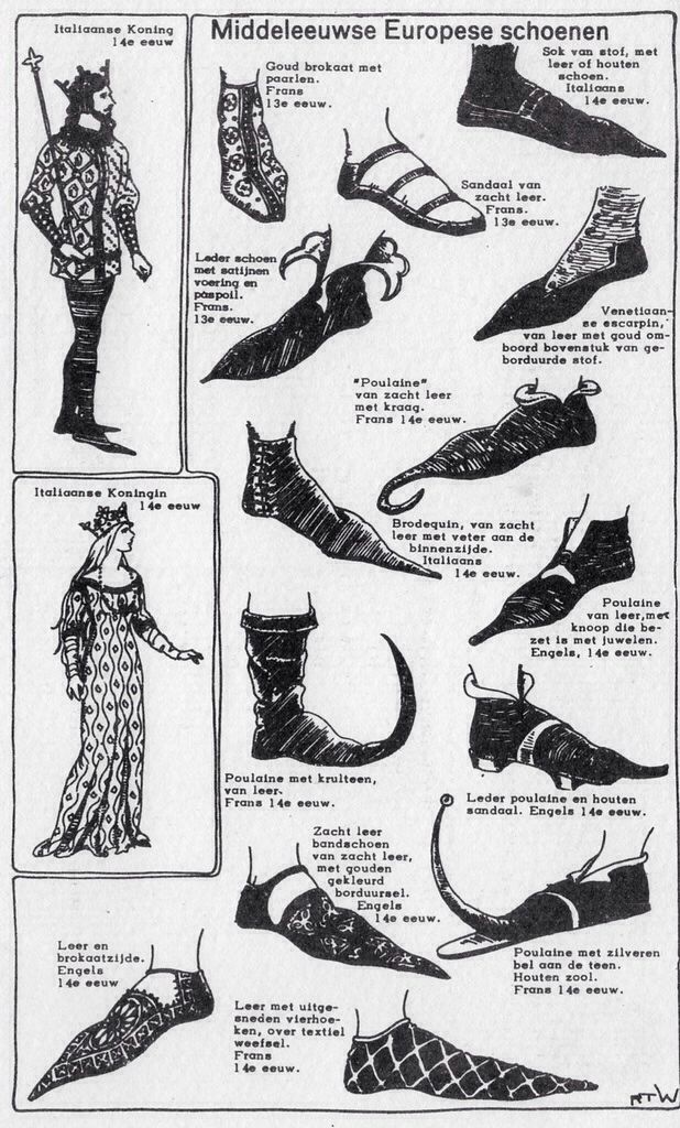 the image is an illustration of medieval european shoes and clothing, including examples from italian, french, and english fashion during the 13th and 14th centuries. it showcases various types of footwear such as poulaines, brodequins, sandals, and escarpins, made from materials like leather, gold brocade, and velvet, and adorned with details like pearls, jewels, and bells. the illustration also depicts a king and queen dressed in the fashion of the 14th century.