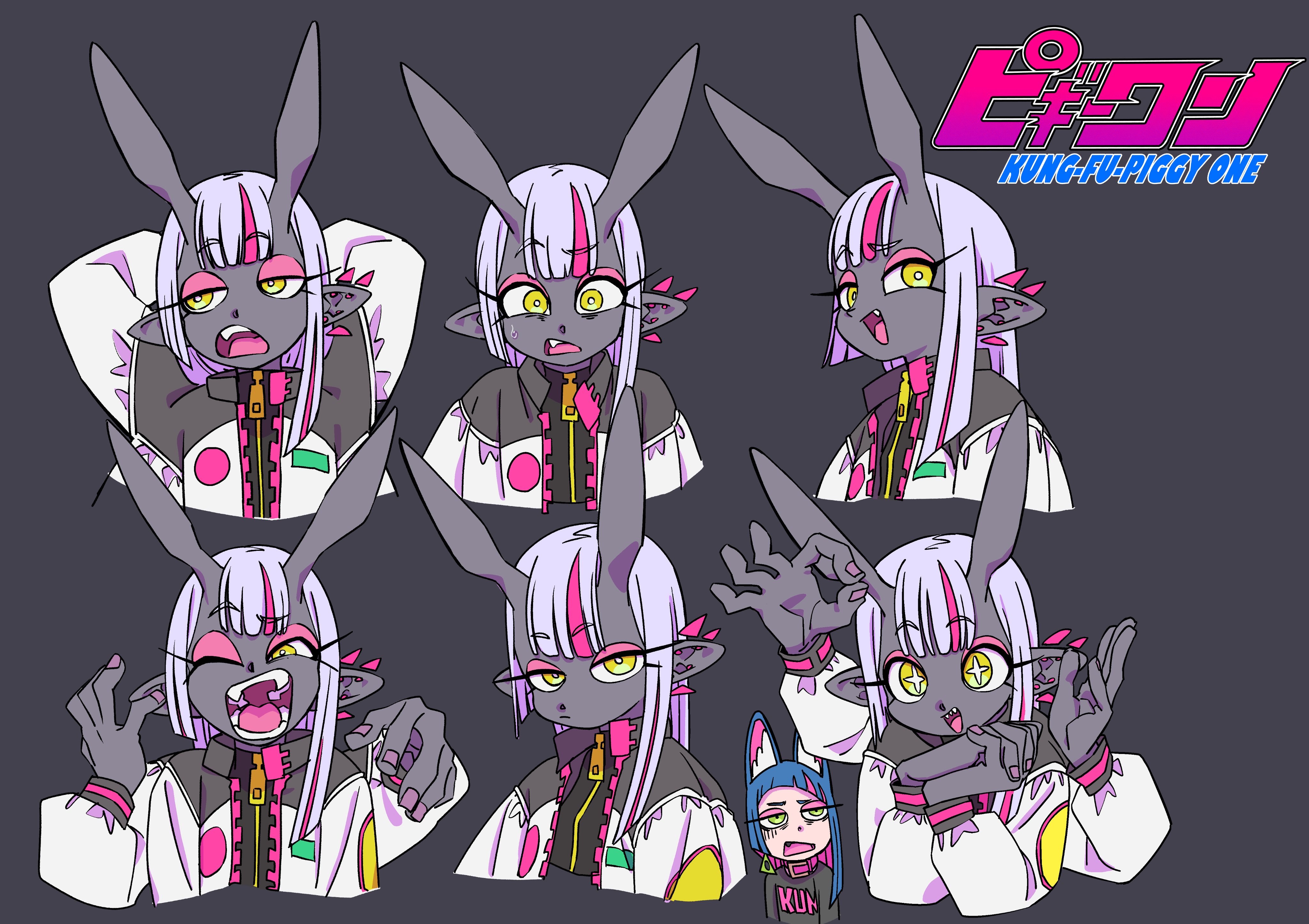 the image showcases six different facial expressions of an animestyle character with rabbit ears, elflike ears, fangs, and a mischievous personality. the character sports a trendy outfit with a predominantly pink, white, and black color scheme. the background is a solid color, placing emphasis on the character's expressions and design.