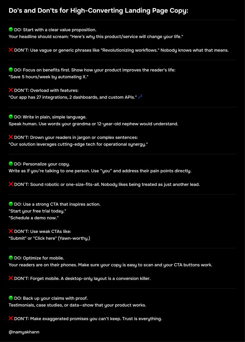 the image presents a list of "dos and don'ts" for crafting highconverting landing page copy.  it's formatted as a bulleted list, with green checkmarks indicating best practices and red crosses highlighting common mistakes.  each point provides clear examples of effective and ineffective copywriting techniques.  the topics covered include: starting with a clear value proposition, focusing on benefits rather than features, using simple and personalized language, crafting strong calls to action (ctas), optimizing for mobile, backing claims with proof, and avoiding exaggerated promises. the overall goal is to guide users in creating copy that will increase conversions on their landing pages. the image includes a twitter handle at the bottom, suggesting it's shared from a marketing or copywriting expert.