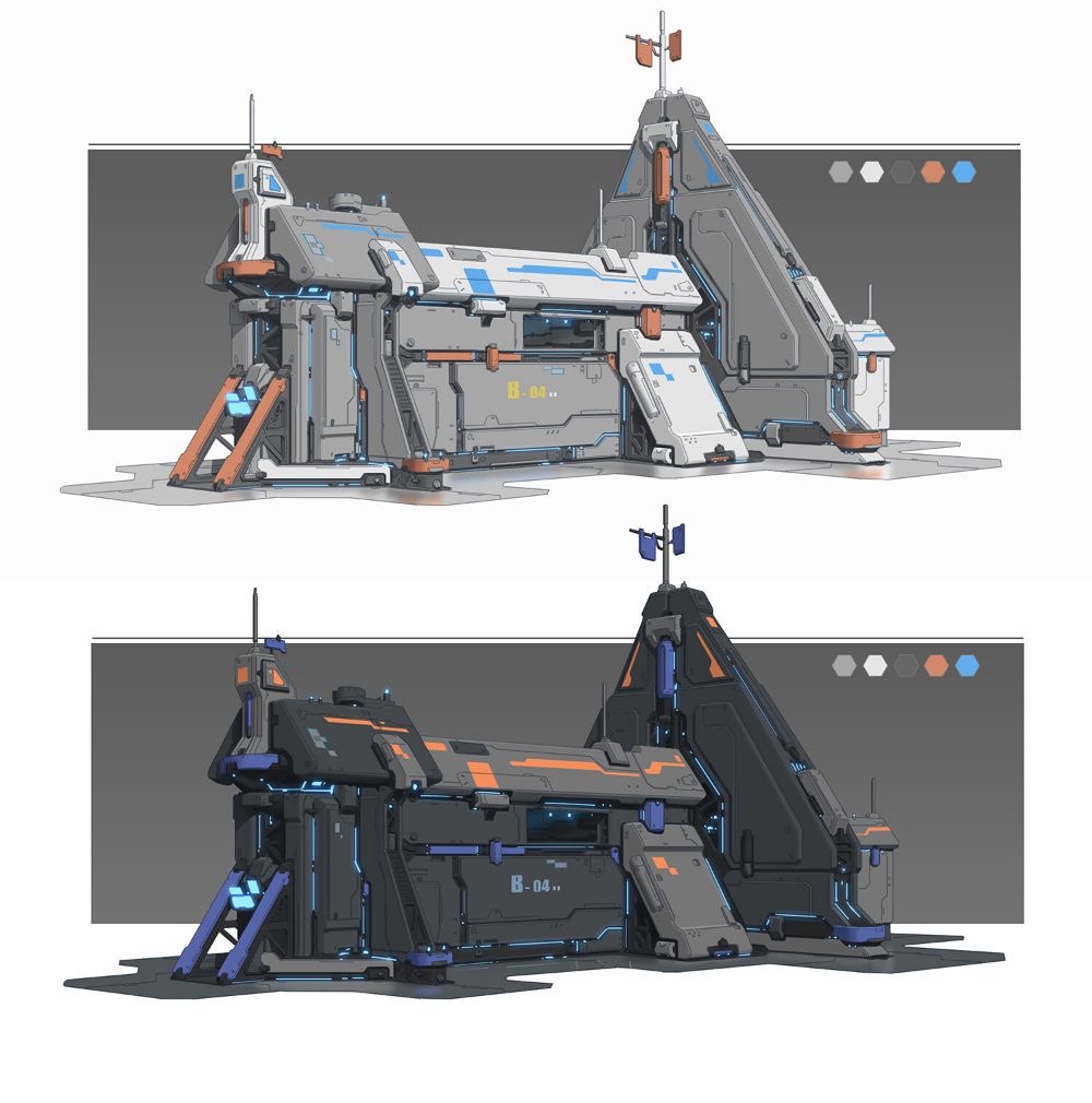 the image presents two variations of a futuristic modular building concept art, potentially a spaceship or station. both variations showcase a multilevel structure with intricate details, ramps, and platforms. the designs incorporate a combination of sharp angles and smooth curves, reflecting a scifi aesthetic.  the top version features a light grey and white color scheme with orange accents, while the bottom version opts for a dark grey and black palette with blue highlights.  each design includes a small flagpole atop the structure, adding a touch of realism and suggesting a potential function or affiliation.