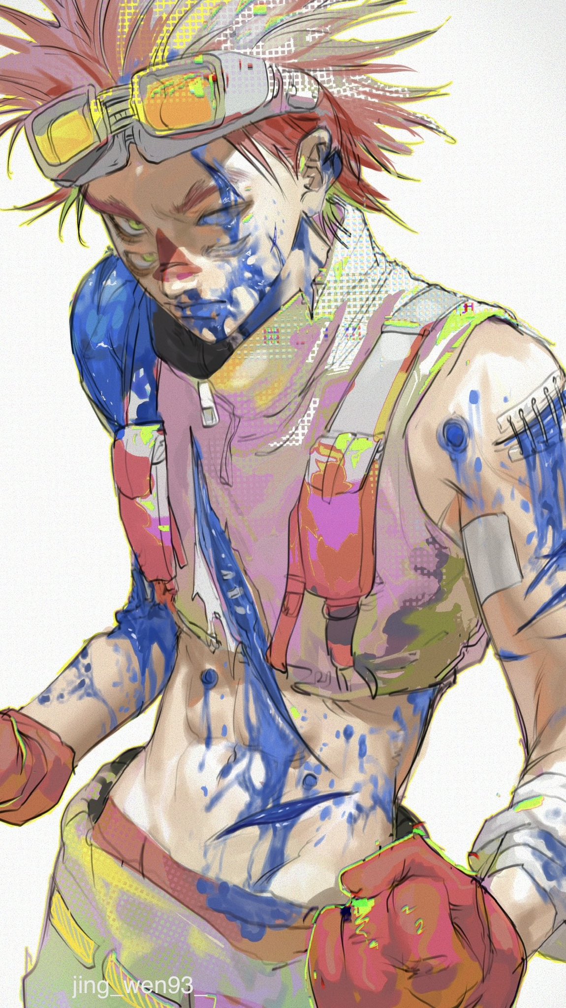 a digital illustration of a male anime character with red hair and a spiky hairstyle. he is wearing goggles and a pink and brown vest with paint splatter on it. he has blue paint splattered all over his torso and face. he is wearing red gloves and appears to be in a fighting stance.  the image is drawn in a vibrant and colorful style.