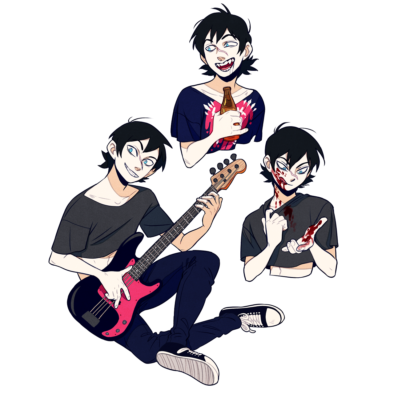 this is a digital illustration of a male character in three different poses, designed in a stylized cartoon style. he is pale with messy black hair, blue eyes, and sharp teeth, resembling a vampire. he wears a black cropped shirt, dark pants, and white sneakers. the three poses show him: 1) casually holding a beer bottle with a content, slightly mischievous expression and a visible bloody mouth, 2) sitting and playing a red bass guitar with a confident grin, and 3) looking distressed with blood smeared on his face and hands.